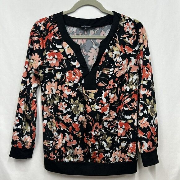 Women's Notations Petite Small Black Floral  Stretch  Blouse - Picture 1 of 9